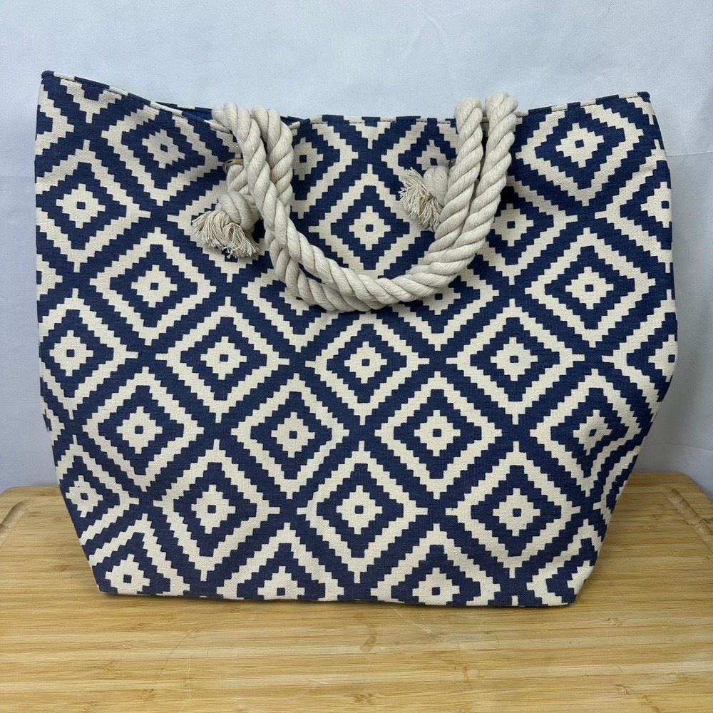 Summer & Rose Navy Blue White Geometric‎ Canvas Tote Bag Rope Handle Beach Bag